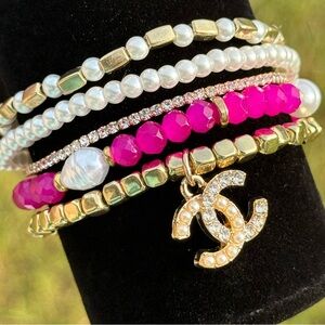 CC Gold and Pink Beaded Bracelet with Pearl Accents